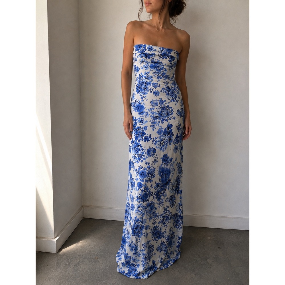 Commense Blue Floral Strapless Maxi Dress Small Wedding Guest Garden Party